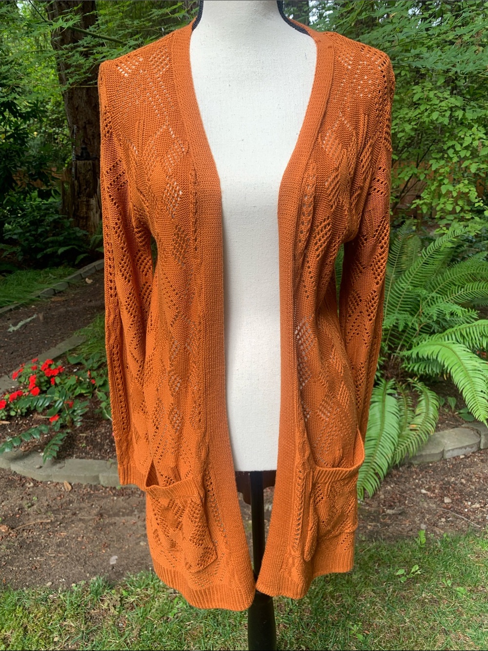 Market & Spruce Open-Front Pointelle Cardigan - Rust Orange